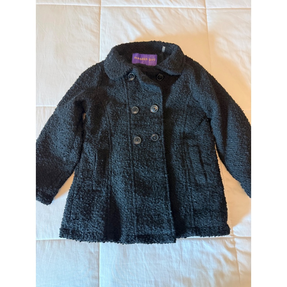 Madden Girl Kids Black Boucle Pea Coat Double Breasted Fleece Lined JacketSize 5